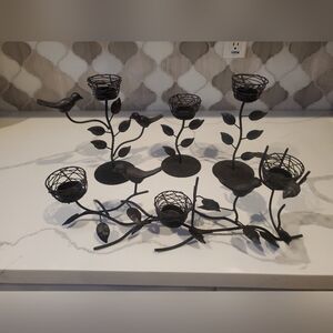 4 Piece Home Decor Black Metal Leaf & Bird Candle Holders